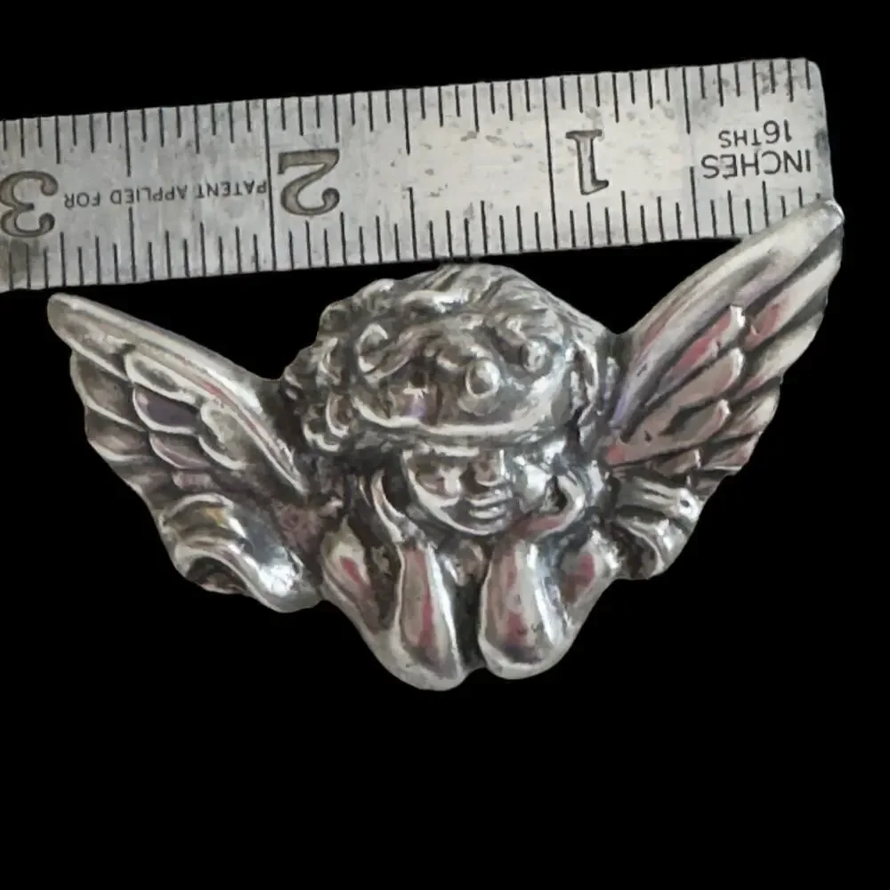 Shiny Polished Sliver Metal Cherub Seraphim Angel Pin Brooch Vintage 1970’s
